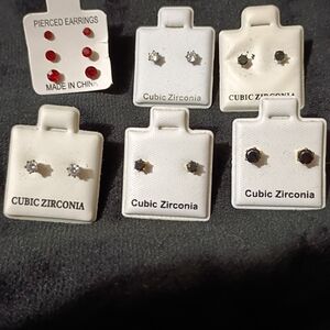 Cubic Zirconia Stud Earrings Set - Red, White, Black